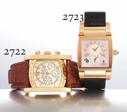 DE GRISOGONO. AN 18K PINK GOLD SQUARE AUTOMATIC DUAL TIME ZONE WRISTWATCH WITH DATE AND MOTHER-OF-PERAL DIAL