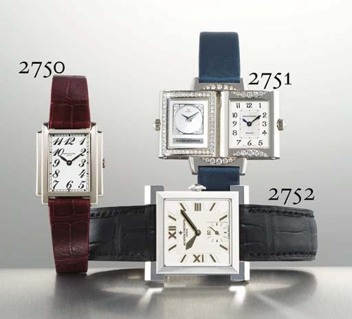 JAEGER-LECOULTRE. A LADY'S 18K WHITE GOLD AND DIAMOND-SET RECTANGULAR REVERSIBLE WRISTWATCH WITH MOTHER-OF-PEARL DIAL