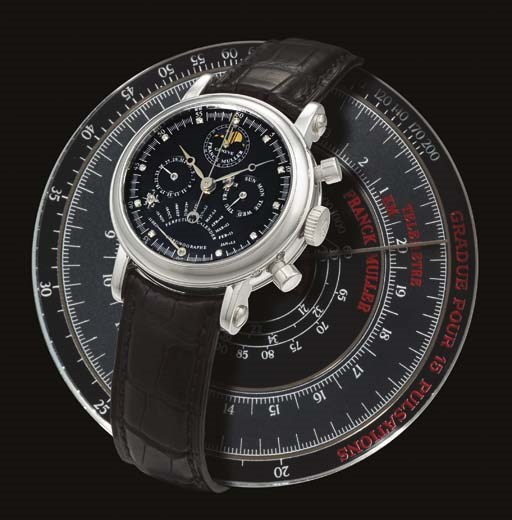 FRANCK MULLER. A VERY FINE AND RARE PLATINUM AND DIAMOND-SET AUTOMATIC PERPETUAL CALENDAR CHRONOGRAPH WRISTWATCH WITH RETROGRADE EQUATION OF TIME AND PHASES OF THE MOON