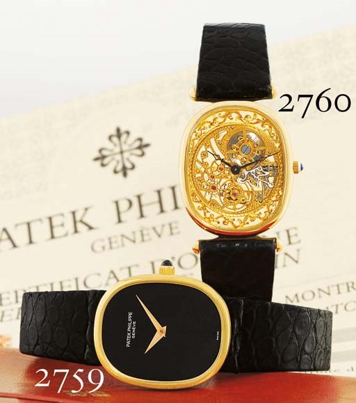 PATEK PHILIPPE. A FINE 18K GOLD WRISTWATCH WITH ONYX DIAL