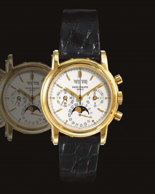 PATEK PHILIPPE. A FINE 18K GOLD PERPETUAL CALENDAR CHRONOGRAPH WRISTWATCH WITH PHASES OF THE MOON