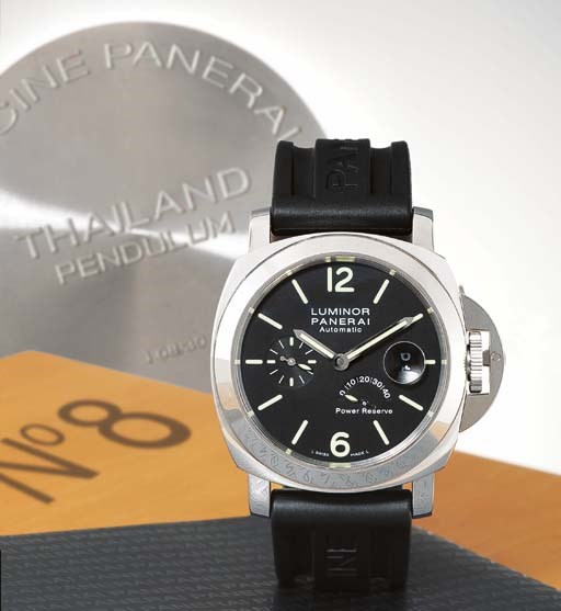 PANERAI. A VERY RARE LIMITED EDITION STAINLESS STEEL CUSHION-SHAPED AUTOMATIC WRISTWATCH WITH POWER RESERVE AND DATE