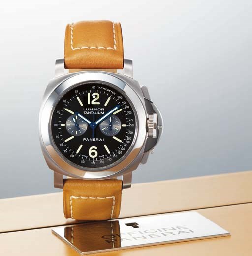 PANERAI. A FINE AND RARE LIMITED EDITION TANTALUM CUSHION-SHAPED CHRONOGRAPH WRISTWATCH