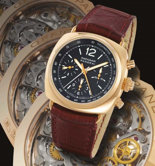 PANERAI. A FINE AND VERY RARE LIMITED EDITION 18K PINK GOLD CUSHION-SHAPED SPLIT SECONDS CHRONOGRAPH WRISTWATCH