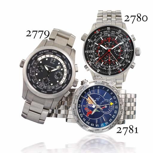 CORUM. A STAINLESS STEEL AUTOMATIC DUAL TIME ZONE AND WORLD TIME WRISTWATCH WITH CENTRE SECONDS, DATE AND BRACELET
