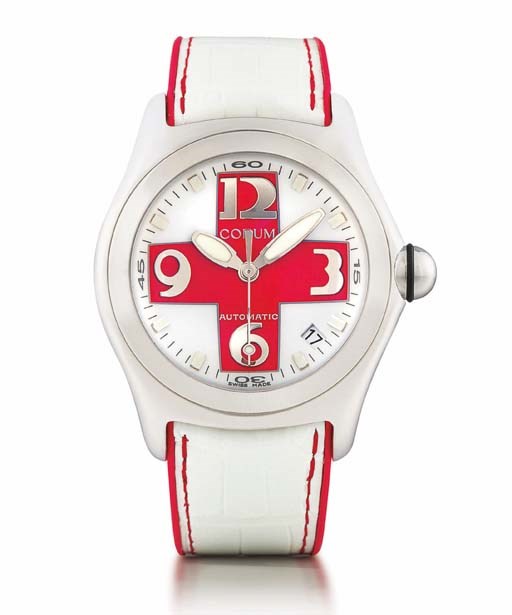 CORUM. AN UNUSUAL LIMITED EDITION STAINLESS STEEL TONNEAU-SHAPED AUTOMATIC WRISTWATCH WITH CENTRE SECONDS AND DATE