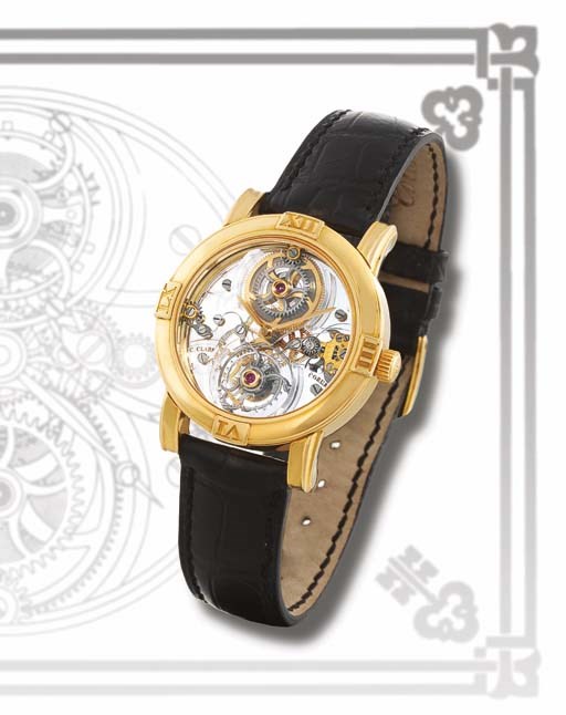 CORUM. A VERY FINE AND RARE LIMITED EDITION 18K GOLD SKELETONISED MYSTERY WRISTWATCH WITH ONE MINUTE TOURBILLON MOVEMENT BY CHRISTOPHE CLARET