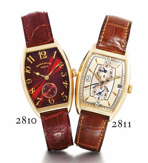 FRANCK MULLER. A FINE 18K PINK GOLD TONNEAU-SHAPED AUTOMATIC WRISTWATCH WITH BURGUNDY GUILLOCHÉ ENAMEL DIAL