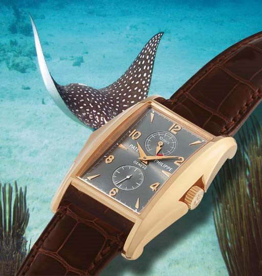 PATEK PHILIPPE. A VERY FINE LIMITED EDITION 18K PINK GOLD FLARED RECTANGULAR TEN-DAY POWER RESERVE WRISTWATCH