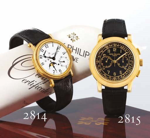 PATEK PHILIPPE. A FINE 18K GOLD AUTOMATIC WRISTWATCH WITH POWER RESERVE AND PHASES OF THE MOON