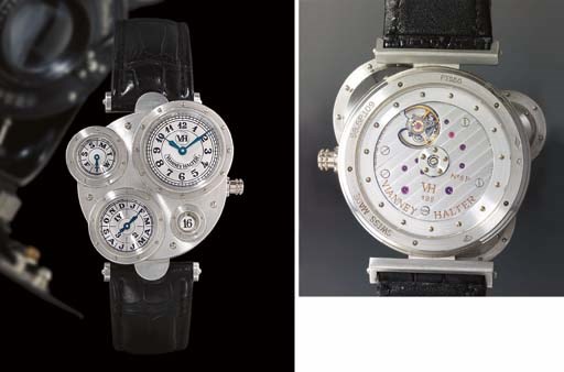 VIANNEY HALTER. AN UNUSUAL AND RARE PLATINUM ASYMMETRIC AUTOMATIC PERPETUAL CALENDAR WRISTWATCH
