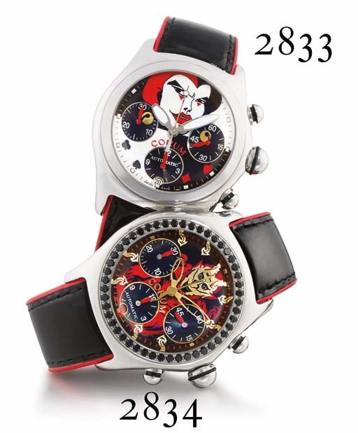 CORUM. A LIMITED EDITION STAINLESS STEEL TONNEAU-SHAPED AUTOMATIC CHRONOGRAPH WRISTWATCH WITH DATE