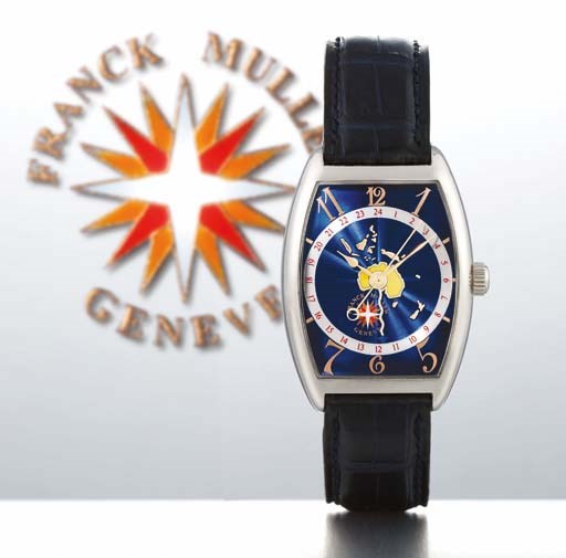 FRANCK MULLER. AN 18K WHITE GOLD TONNEAU-SHAPED AUTOMATIC WRISTWATCH WITH CENTRE SECONDS, DATE AND BLUE GUILLOCHÉ ENAMEL DIAL