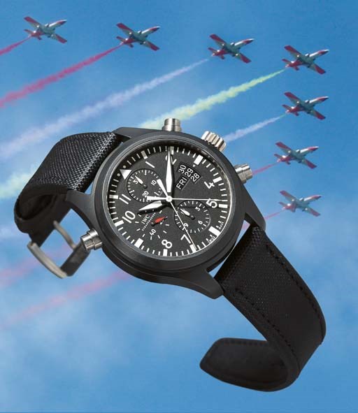 IWC. A LIMITED EDITION BLACK CERAMIC AUTOMATIC PILOT'S SPLIT SECONDS CHRONOGRAPH WRISTWATCH WITH DAY AND DATE