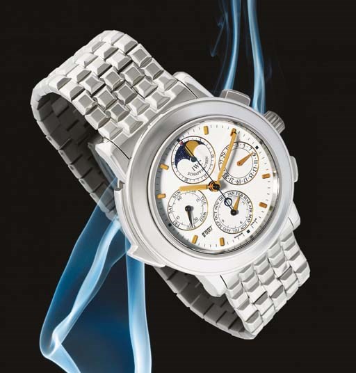 IWC. A VERY FINE AND RARE LIMITED EDITION PLATINUM AUTOMATIC PERPETUAL CALENDAR MINUTE REPEATING CHRONOGRAPH WRISTWATCH WITH PHASES OF THE MOON AND PLATINUM BRACELET