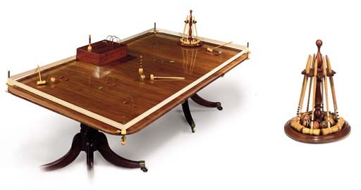 A LATE VICTORIAN MAHOGANY AND FRUITWOOD TABLE CROQUET SET