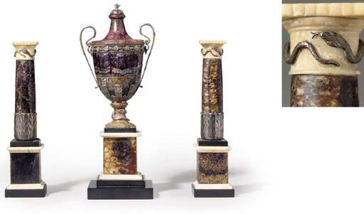 A REGENCY BLUEJOHN, WHITE MARBLE AND SILVER GARNITURE