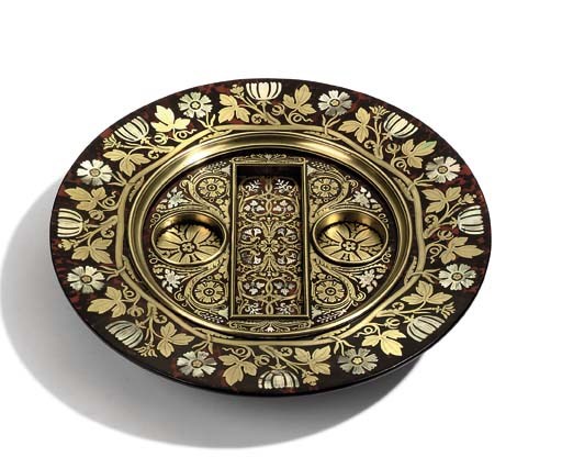 A REGENCY BRASS AND MOTHER-OF-PEARL INLAID TORTOISESHELL CIRCULAR INK-STAND