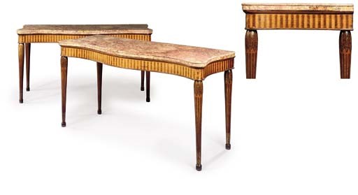 A PAIR OF GEORGE III SABICU, AMARANTH AND HOLLY SIDE TABLES