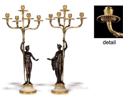 A PAIR OF GEORGE III ORMOLU, BRONZE AND MARBLE FIVE-LIGHT CANDELABRA