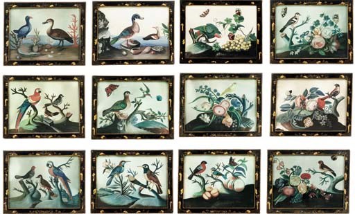 A COMPLETE SET OF TWELVE IRISH GEORGE II EMBOSSED BIRD PICTURES