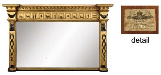 AN IRISH REGENCY GILTWOOD AND EBONISED OVERMANTEL MIRROR