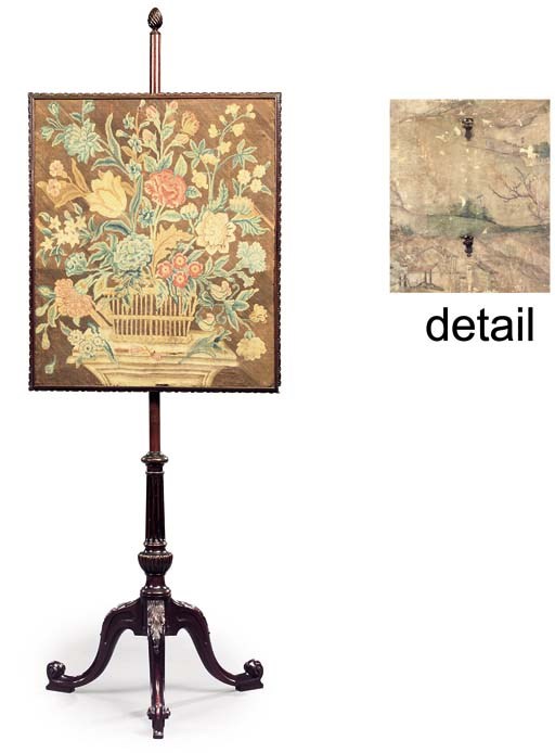 A GEORGE III MAHOGANY TRIPOD POLESCREEN