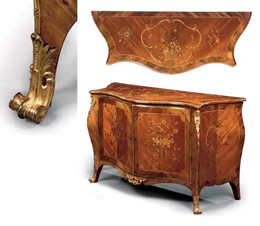 A GEORGE III ORMOLU-MOUNTED ROSEWOOD, SABICU AND MARQUETRY SERPENTINE BOMBÉ COMMODE
