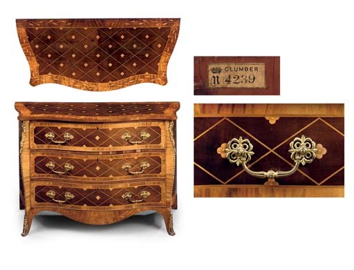 A GEORGE III ORMOLU-MOUNTED HAREWOOD, GONCALO ALVES AND MARQUETRY SERPENTINE COMMODE