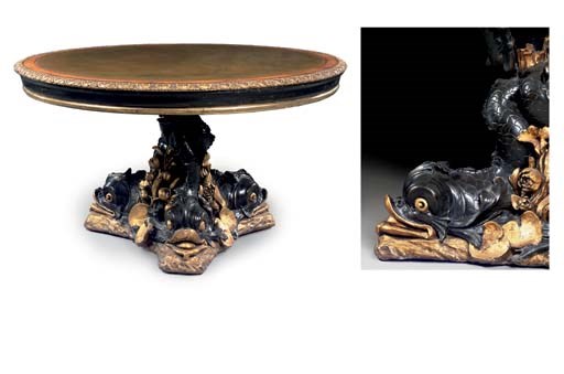 A WILLIAM IV EBONISED, BRONZED AND PARCEL-GILT COMPOSITION CENTRE TABLE