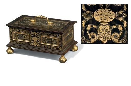 A WILLIAM & MARY ENGRAVED-BRASS-MOUNTED AND PARCEL-GILT BRONZE JEWEL-CASKET