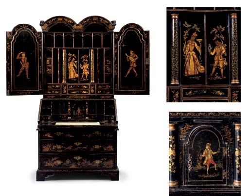 A QUEEN ANNE BLACK AND GILT-JAPANNED DOUBLE-DOMED BUREAU-CABINET