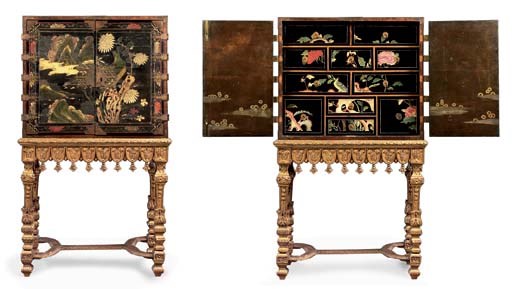 A WILLIAM AND MARY BLACK AND POLYCHROME CHINESE 'BANTAMWORK' LACQUER CABINET ON A GILTWOOD STAND