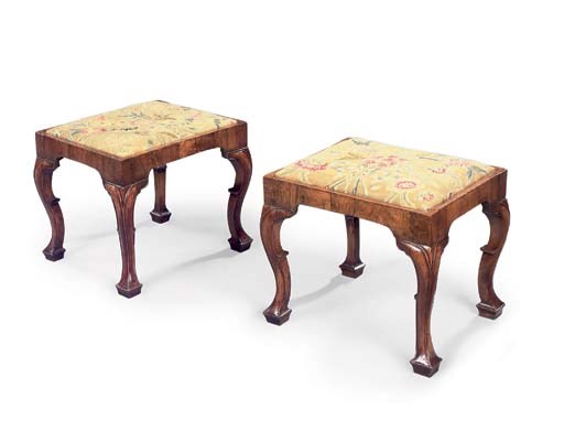 A PAIR OF GEORGE I WALNUT STOOLS