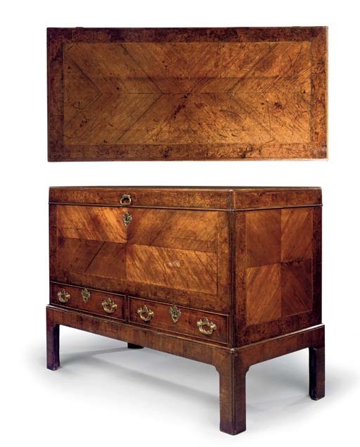 A GEORGE II ROSEWOOD AND YEWWOOD BLANKET CHEST-ON-STAND
