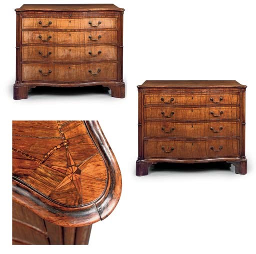 A NEAR PAIR OF GEORGE III ROSEWOOD SERPENTINE COMMODES