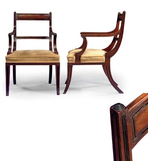 A PAIR OF REGENCY MAHOGANY AND EBONISED ARMCHAIRS