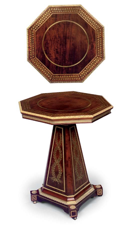 A LATE REGENCY BRASS-INLAID AND MOUNTED MAHOGANY CENTRE TABLE