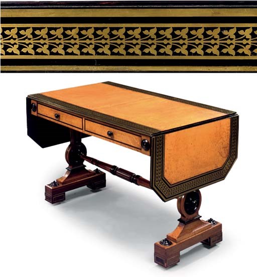 A REGENCY BRASS-INLAID AND MOUNTED AMBOYNA, EBONY AND EBONISED SOFA TABLE