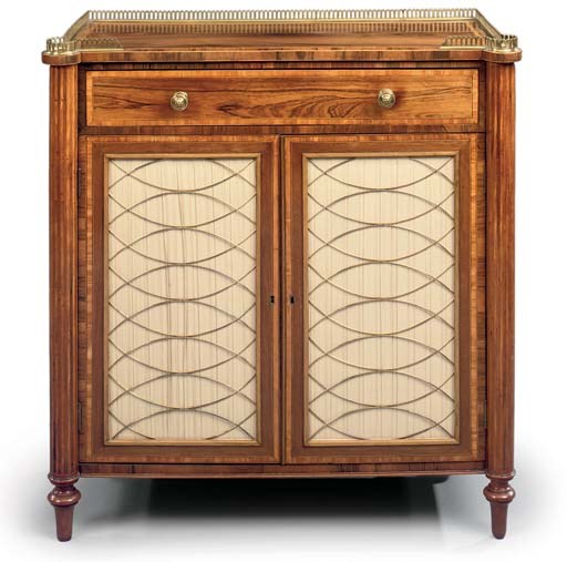 A REGENCY BRASS-MOUNTED ROSEWOOD AND SATINWOOD SIDE CABINET