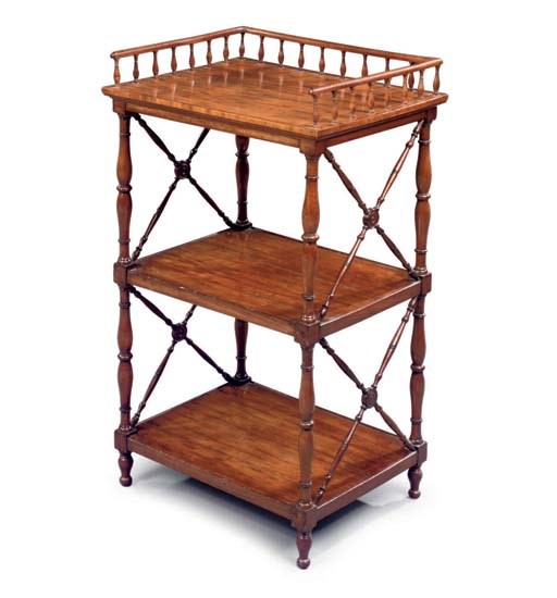 AN EARLY VICTORIAN MAHOGANY AND 'PLUM PUDDING' MAHOGANY THREE-TIER ETAGERE