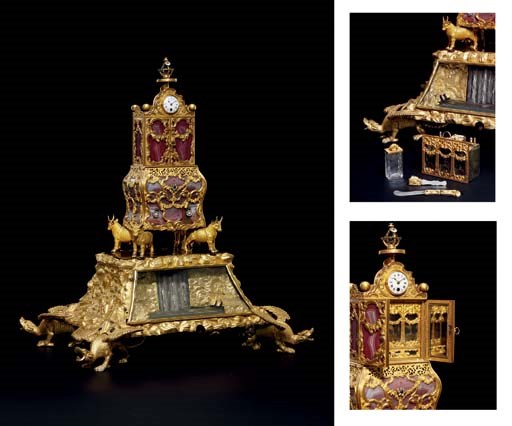 A GEORGE III ORMOLU, GOLD, AGATE, AND GLASS-MOUNTED AND PASTE-GEM SET MUSICAL AND AUTOMATON TABLE CLOCK WITH NECESSAIRE