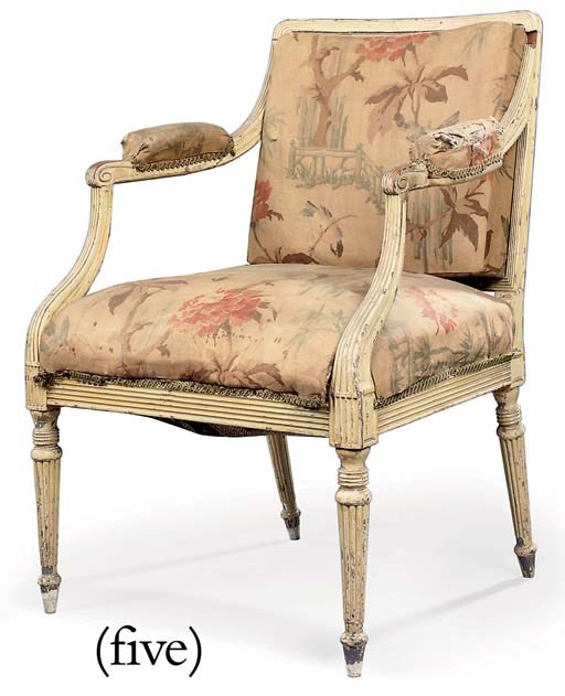 A SET OF FIVE GEORGE III WHITE-PAINTED ARMCHAIRS