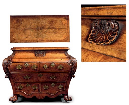 AN 'ANGLO-DUTCH' WALNUT AND BOXWOOD BOMBE COMMODE