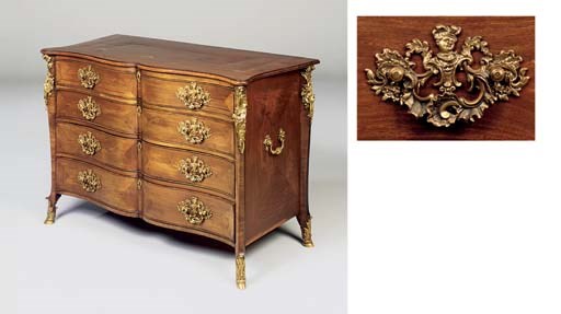A LATE GEORGE II ORMOLU-MOUNTED MAHOGANY SERPENTINE COMMODE