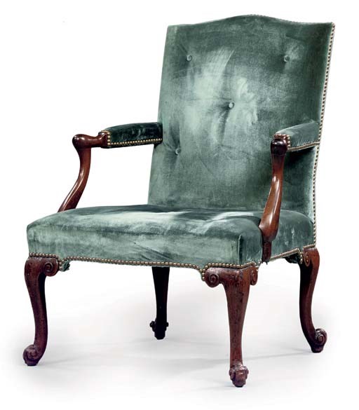 AN EARLY GEORGE III MAHOGANY OPEN ARMCHAIR