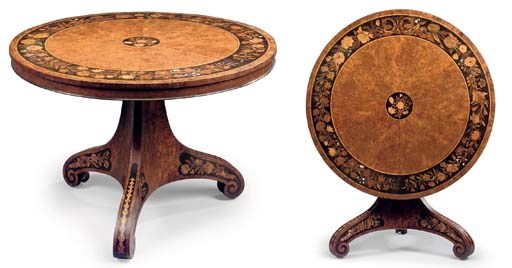 A WILLIAM IV YEWWOOD, EBONY, MOTHER-OF-PEARL, IVORY AND GREEN-STAINED IVORY INLAID MARQUETRY CENTRE TABLE