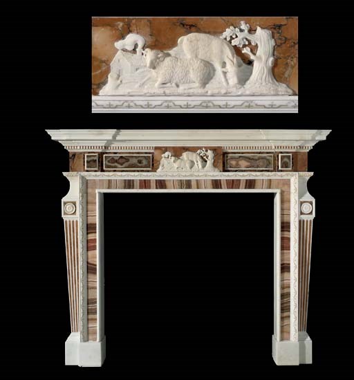A GEORGE III STATUARY AND SIENA MARBLE AND AGATE CHIMNEYPIECE