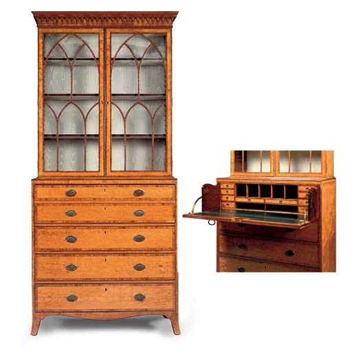 A GEORGE III SATINWOOD AND SILVERED-METAL-MOUNTED SECRETAIRE-BOOKCASE