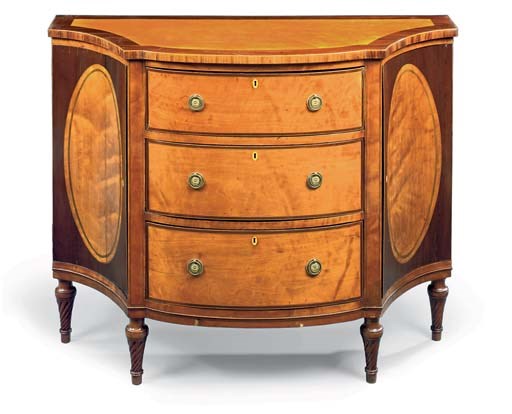 A LATE GEORGE III SATINWOOD AND AMARANTH COMMODE